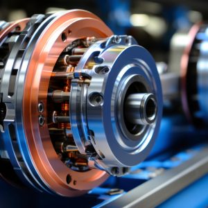 Precision engineering details of electric motors and wheels of a modern locomotive, close-up of details of the mechanism of complex wheels and brakes